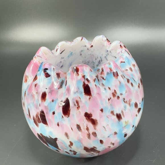 Czech Art Glass Rose Bowl Dish Hand Blown Multicolor Spots Bowl Ruffled Edges - Picture 12 of 14